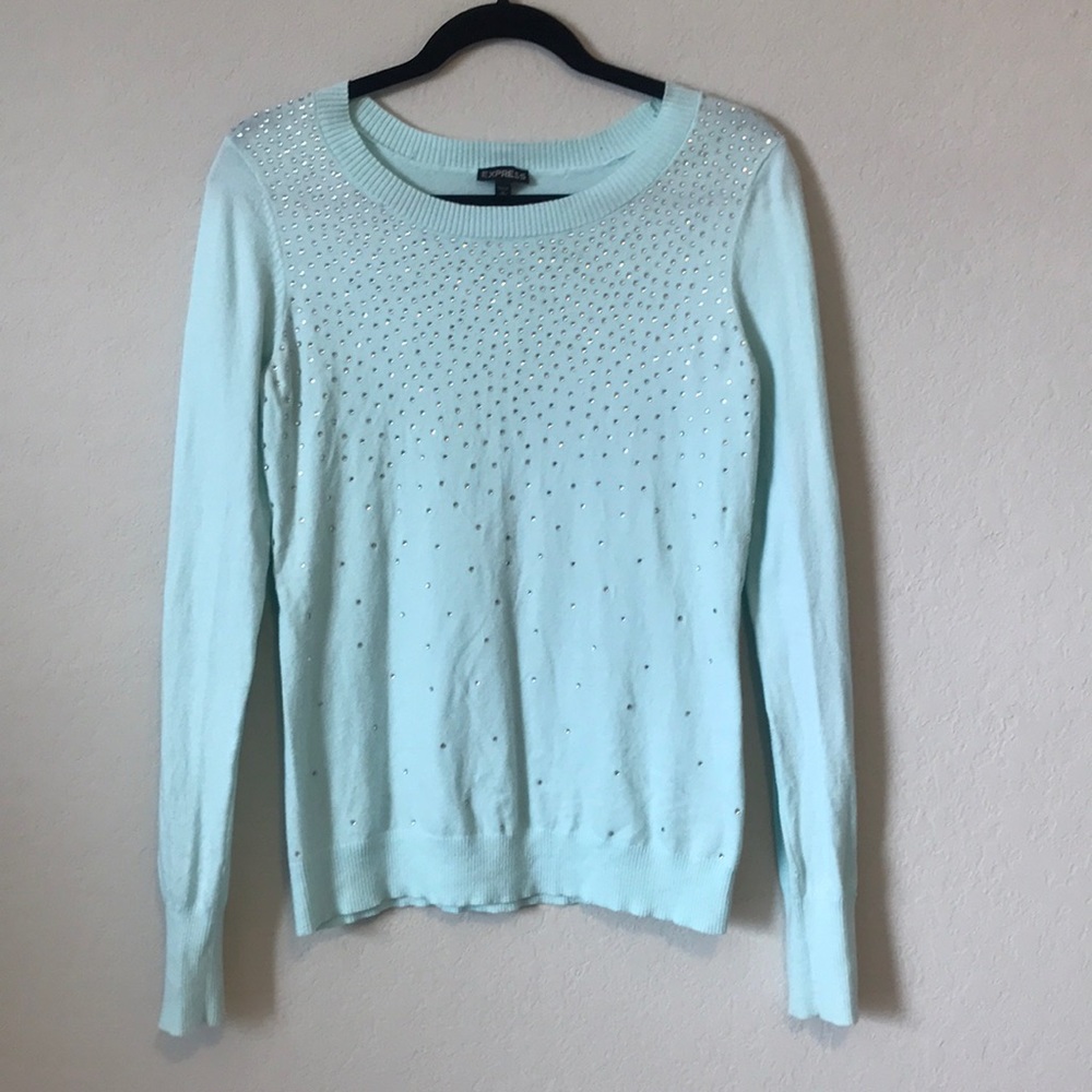 Express Medium Rhinestone Mint Long Sleeve Sweater